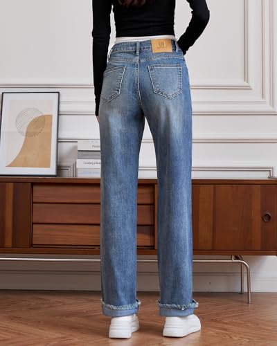 Womens High Waisted Jeans Stretchy Straight Leg Loose Fit Tummy Control Raw Hem Denim Pants Trendy 2025 Fashion4
