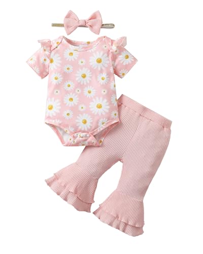 Image of SUNNY PIGGY Baby Girl Clothes Newborn Outfits Ruffle Floral Romper Flared Pants 3Pcs for Infant 0 3 6 9 12 18 24 Months