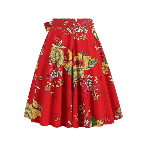 Women's High Waist A-Line Skirts Vintage Floral Print Flared Skirt 1950s Belted Midi Skirt Knee Length Skirts3
