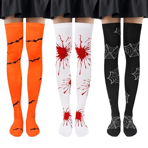 Beaulov Damen Kniestrümpfe Halloween Socken Overknee Strümpfe Damen Kniestrümpfe für Weihnachten Thigh Highs Strümpfe Frauen Lang Socken für Frau (A-Orange/Weiß/Schwarz)