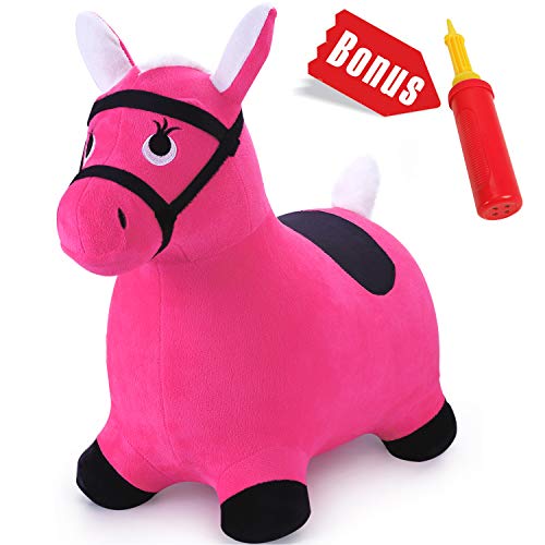 iPlay, iLearn Pink Hopping Horse, Outdoors Ride On Bouncy Animal Play Toys, Inflatable