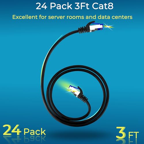 Rapink Patch Cables Cat8 3ft 24 Pack Slim, Cat8 Ethernet Patch Cable 40G Support, Snagless Cat 8 Patch Cable for Patch Panel to Switch, Flexiable Cat 8 Ethernet Cable Datacenter with Gold Plated