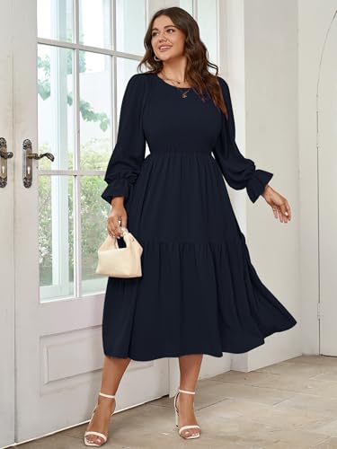Image of SHESTARR Women's Plus Size Dress Long Sleeve Crewneck Smocked Tiered Flowy Boho Wedding Party Maxi Dresses