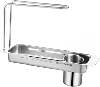 Adjustable Stainless Steel Kitchen Sink Organizer Rack with Telescopic Storage Shelf and Draining Design for Sponges Soap and Towels