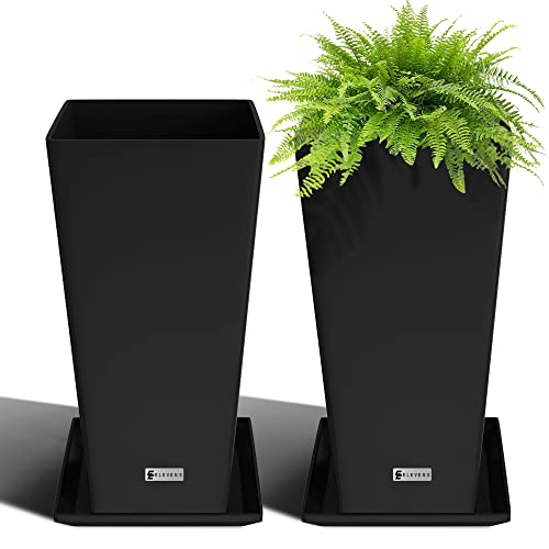 Elevens Tall Planters 28 Inch Tapered Square Planters Garden Flower Pots,Indoor/Outdoor Planter With Tray, Large Planter For Patio Black-2 Pack #TOP11
