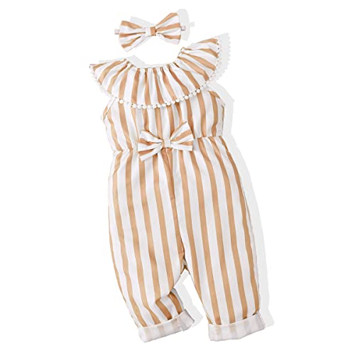 Image of JOPGEEY Newborn Baby Girl Clothes 3-6 months Cotton Linen Rompers Striped Ruffle sleeve Jumpsuits with Headband Infant Baby Clothes Girl