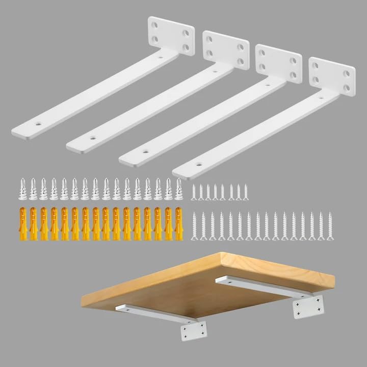Alise Floating Shelf Brackets White, 4 Pcs L Brackets for Shelves,10'' Hidden Invisible Shelf Brackets, 1/5" Inch Thick Heavy Duty Metal Wall Shelf Support Corner Brackets for Home and Mounting Shelf 10 Inch White