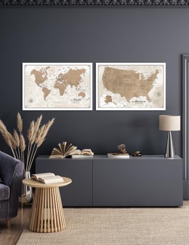 Image of IPIC - Vintage World Map & USA Map Canvas Wall Art Set of 2, Travel Art Prints for Office, Home, Study and RV, Push Pin Board Decor for Travel Lovers, Ready to Hang
