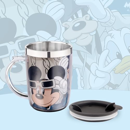 Image of Ski Homeware Double Wall Inner Stainless Steel Tea,Coffee, Milk Mug With Handle And Lid For Kids Cherry Mug (Mickey Mouse-2) - 350 Ml