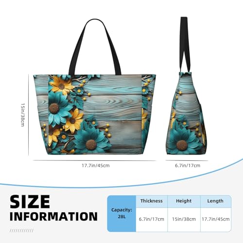 Sunflower Teal Beach Bag Vintage Wooden Board Pool Bag for Women Waterproof Large Travel Tote with Zipper Organizer for Swimming Vacation Essentials4