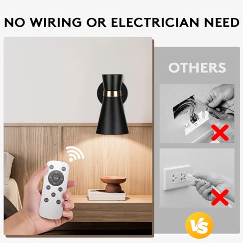 Image of Battery Operated Wall Sconce Set of 2, Modern Decor Black with Gold Rechargeable Wireless Sconce with Remote Control, Dimmable 10 Colors 5200mah Adjustable Battery Wall Light for Bedroom Living Room