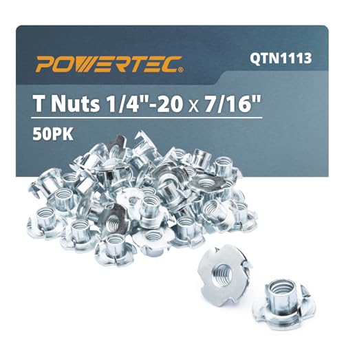 POWERTEC 1/4"-20 T Nuts 50 Pcs, 4 Pronged Tee Nuts for Bolts and Stem Caster Wheels, Threaded Inserts for Wood Working, Rock Climbing Holds and Furniture, for Use with Hammer | 7/16" Length (QTN1113)