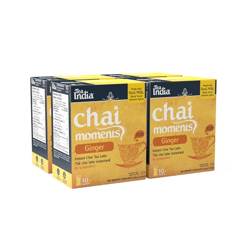 Tea India Chai Moments Ginger Chai Tea Instant Latte Mix Flavorful Blend Of Premium Black Tea, Ginger & Natural Ingredients Traditional Indian Caffeinated Tea Individually Wrapped 10 Sachets Pack of 4
