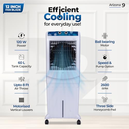Image of Arizona 12 Personal Air Cooler | 60L Water Tank | 12-Inch High-Speed Fan | Air Throw up to 8 Feet | 2000 m /hr Air Delivery | 3-Side Honeycomb Pads | Motorised Louvers | 120W | White