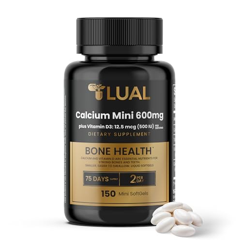 LUAL Calcium Minis 600 mg with Vitamin D3 - Bone & Muscle Support - 150 Mini Softgels - Easy to Swallow - Calcium & D3 for Strong Bones & Mobility
