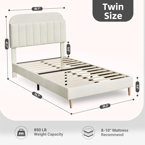 GarveeHome Twin Bed Frame with Storage Headboard, Velvet Upholstered Platform Bedframe for Kids, Girl Bed, Strong Wooden Slats, Noise-Free, Easy Assembly, No Box Spring Needed, Beige