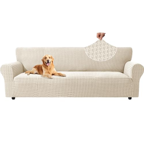 YSTELLAA Funda Sofa 4 Plazas Ajustable, Fundas para Sofa Elasticas, Funda De Sofa Anti Gatos Perros, Sofa Cover con Reposabrazos, Jacquard Fundas Cubre Sofa Ntideslizante, Beige