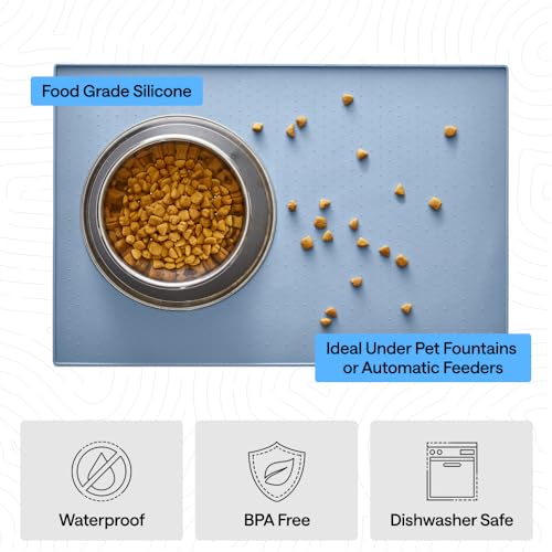 Image of GORILLA GRIP 100% Waterproof Raised Edge BPA Free Silicone Pet Feeding Mat, Dog Cat Food Mats Contain Spills Protects Floors, Placemats for Cats and Dogs Water Bowl, Pets Accessories 16x10, Blue
