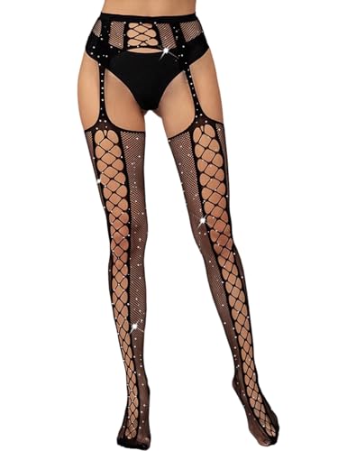 SHENHE Women's Rhinestone Fishnet Tights Goth Sparkly Criss Cross Suspender Pantyhose Garter Stockings