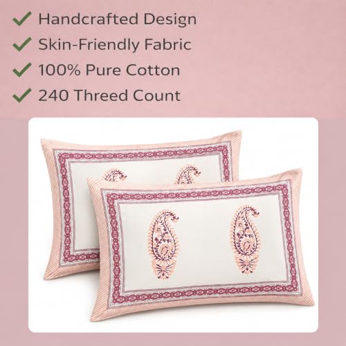 Image of ElanorHomes 180 TC Pure Cotton Pillow Covers Set of 2, Bedroom Pillows with Zip Closure, Soft Smooth Cool Breathable Pillowcases for Home (Pink Paisley Glow)