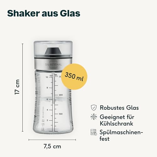 SILBERTHAL Mały shaker do dressingów ze szkła z przepisami kulinarnymi – 350 ml – nadaje się do mycia w zmywarce – nowa pokrywka i nowe przepisy