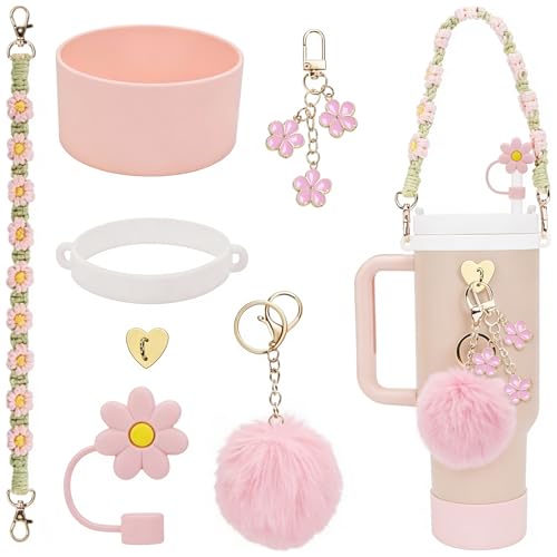 7PCS Stanley Cup Accessories Set for 30oz 40oz Tumbler Including Silicone Stanley Cup Boot Straw Cover Round Plush Charm Water Bottle Handle Strap&Tumbler Charms Decorations Tumbler Accessories(Pink)