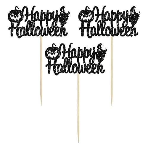 Gyufise 24pcs Happy Halloween Cupcake Toppers with Pumpkin Ghost Black Glitter Cupcake Picks for Kids' Themed Birthday Parties - Image 3