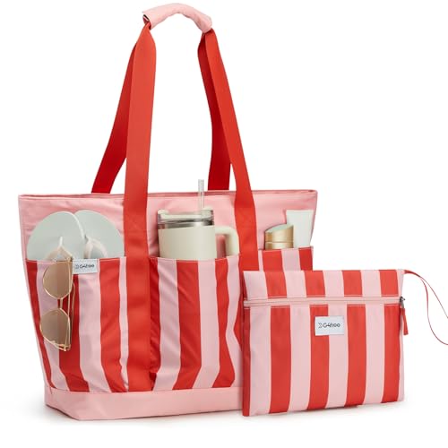 G4Free Beach Bag,Waterproof Beach Tote Pool Bags for Women,Large Capacity Foldable for Weekender Travel- Red stripe by G4Free - Used condition - US$19.14