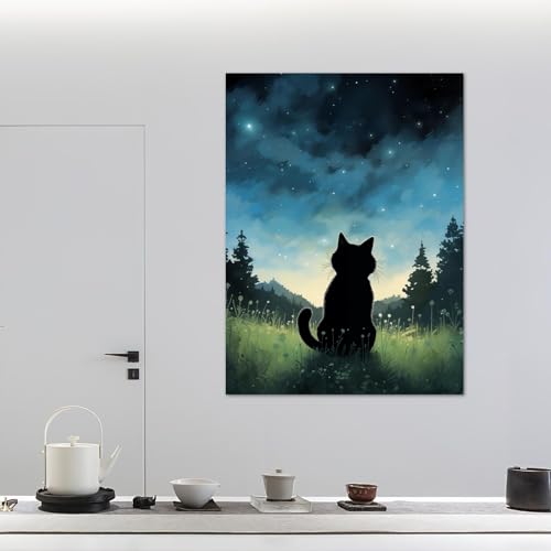 Tableau Chat Nuit Stary Nuit Toile avec Cadre Intérieur Rigide 60x90cm