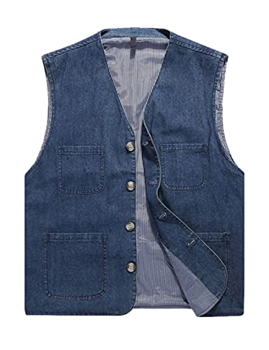 HangNiFang Men's Casual Denim Cotton Utility Vest Button Up Outdoor Pocketed Waistcoat