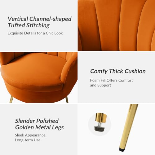 Image of HULALA HOME Modern Velvet Accent Chair with Shell Shaped Back, Cute Living Room Bedroom Armchair Sofa Chair with Gold Legs, Comfy Upholstered Vanity Chair for Makeup Room, Orange
