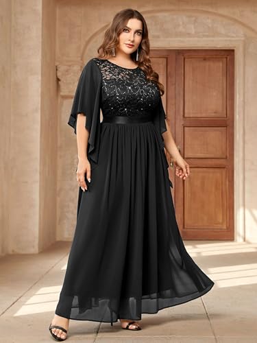 Miusol Women's Plus Size Sequin Lace with Ruffle Cape Cloak Sleeves Elegant Evening Wedding Party Maxi Dress4