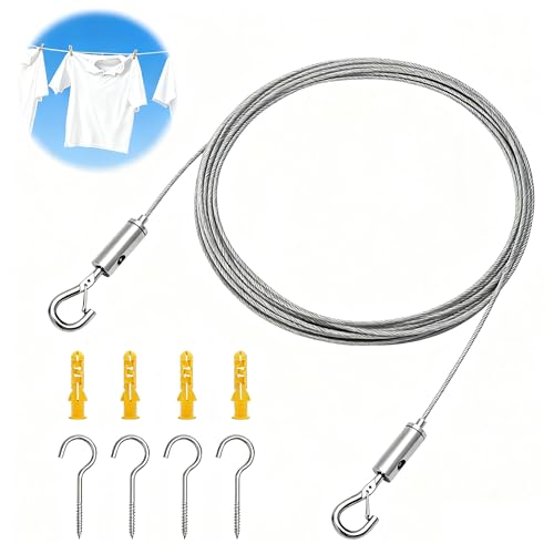 WOKICOR Set cable acero inoxidable 6M 2mm recubierto PVC con ganchos regulables, ideal como cuerda tendedero exterior, cable para cortinas, kit fijación toldo terraza y soporte plantas trepadoras