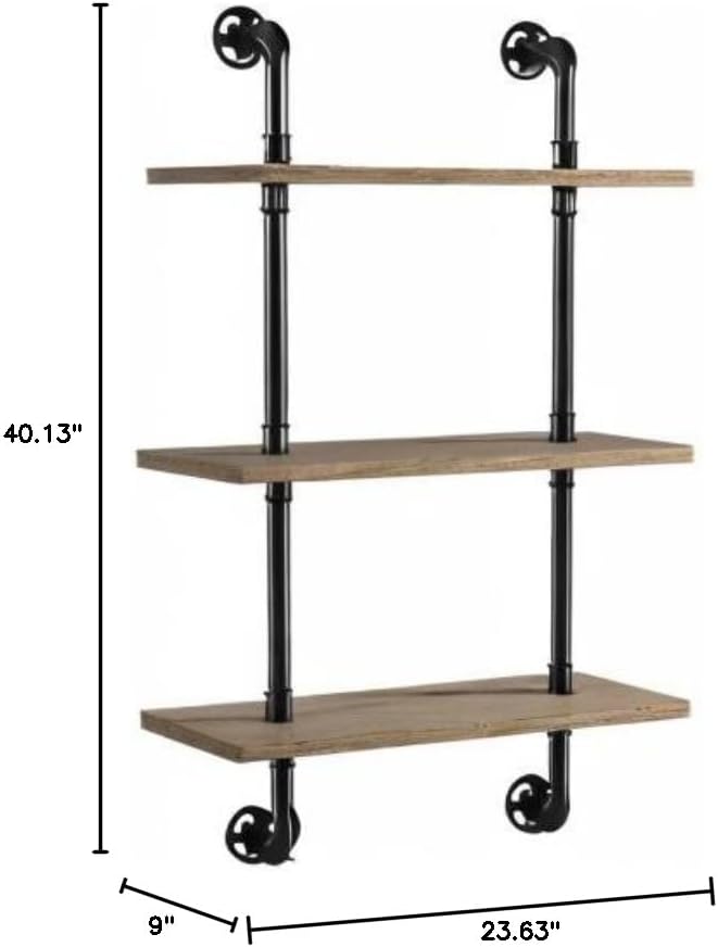 Miniatura 3 de HOMES Inside + Out Treiber Industrial - Estante flotante de metal de 3 niveles de 24 pulgadas para sala de estar, dormitorio, color marrón natural