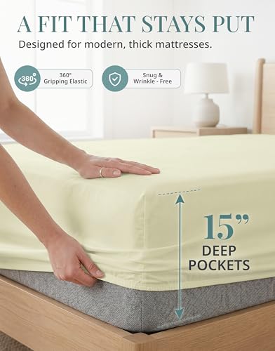 Image of LANE LINEN Cal King Bed Sheets - 450 Thread Count Sateen Weave - Extra Thick & Comfy Cotton Sheets for Hotel Quality Softness - Securely Fits Mattress Upto 15'' Deep - Oeko Tex Certified - Ivory