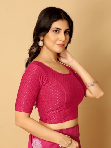 Image of Amazon Brand - Anarva Round Neck Dobby Cotton Lycra Stretchable Elbow Half Sleeve Readymade Saree Blouse for Women Stylish