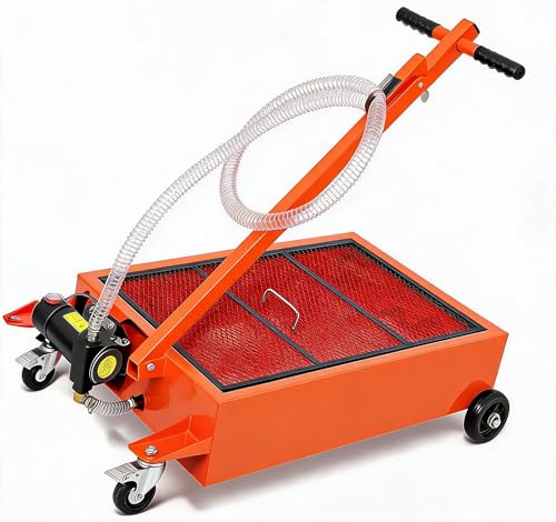 Low Profile Oil Drain Pan 15gal with 110V Electric Pump 8ft Hose & Folding Handle Rolling Drain Cart for Cars Trucks SUVs RVs Leak-Proof Heavy-Duty Oil Change Pan for Garage Workshop Orange