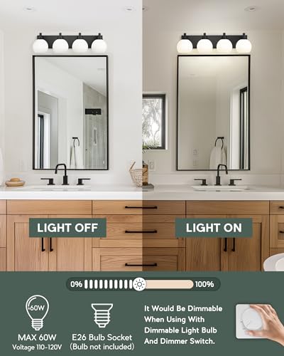 Image of Bathroom Light Fixtures, 4 Light Matte Black Vanity Light, 26 Inch Modern Wall Sconces with Globe Milk White Glass Shade, Vanity Lighting Fixtures Over Mirror, VL195-MB-ML-4