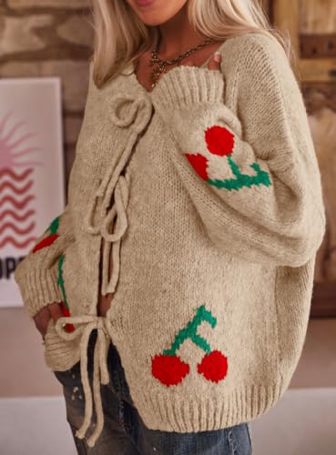 chouyatou Women's Cute Y2K Cherry Tie Knot Cardigan Casual Loose Crewneck Chunky Knit Sweater Cardigan3