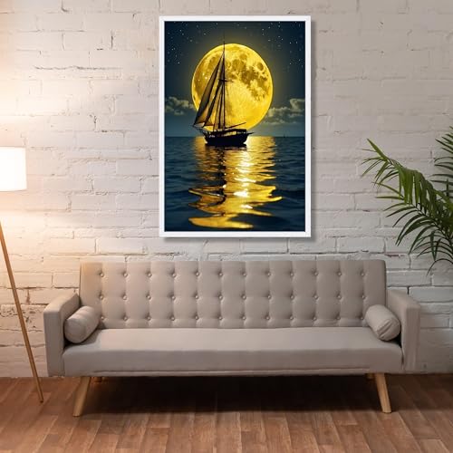 Décoration murale sur toile océan voilier au clair de lune 40x60cm