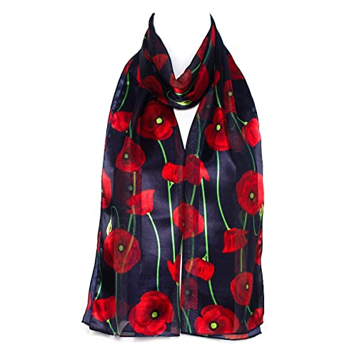 Hat To Socks Poppy Print Floral Chiffon Satin Scarf Ideal for Remembrance Day (Navy)