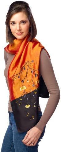 Embroidered Pure Silk Scarf - Orange and Black