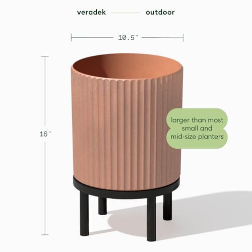 Image of Veradek Demi Series Raised Planter - Round Planter with Stand | Made From a Durable Plastic-Stone Composite & Comes With Wooden Stand. Modern Porch /Patio Decor