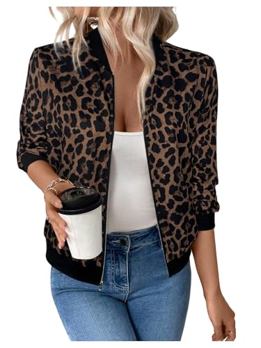 GORGLITTER Women's Cheetah Leopard Print Long Sleeve Blazer Jackets Animal Print Zip Up Bomber Outerwear