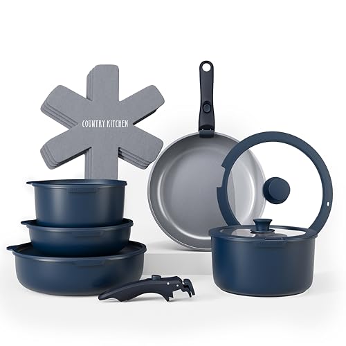Image of Country Kitchen Cookware Set with Removable Handle, Oven & RV Safe Pots and Pans Set, Denim, Original