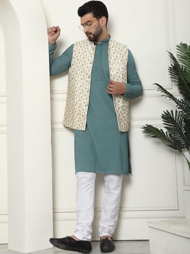 Image of SOJANYA (Since 1958 Men's Pure Cotton Sea Green Kurta and White Pyjama with Embroidered Cream Nehru Jacket