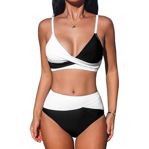 CUPSHE Women's Twist Front High Waisted Bikini Set V Neck Padded Two Pieces Bathing Suits Swimsuits Black/White M Cover