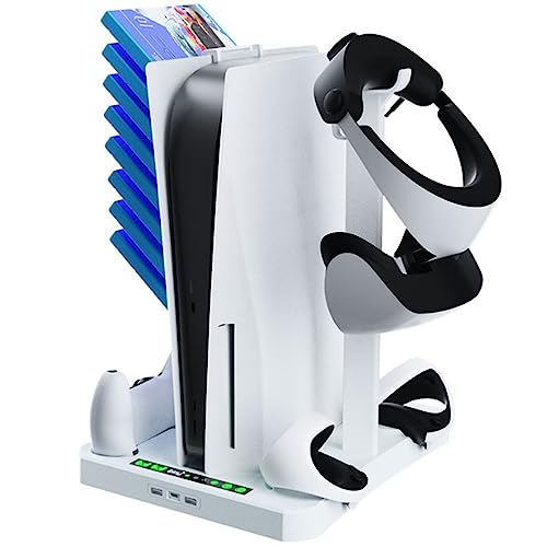 DaMohony Soporte y estación de refrigeración para PS5 y PS VR2 con estación de carga de controlador, soporte 3 en 1 PS5 con 2 ventiladores de refrigeración para 5 y VR2, soporte para auriculares,