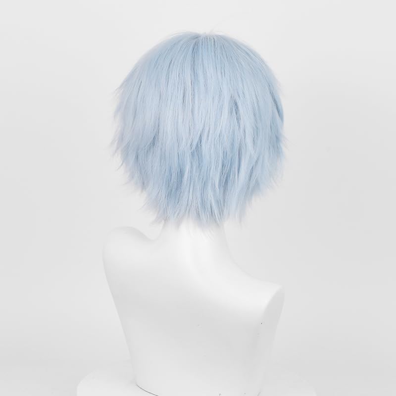 Image of LABEAUTE Unisex Short Light Blue Cosplay Wig Male Man Woman With Bangs Anime Fluffy Cosplay Hair Wigs for Party and Halloween for Gift + Free Cap