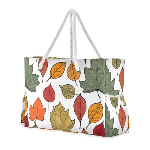 Autumn Leaves White Beach Tote Bag for Women Large Travel Tote Bags Waterproof Carry On Swim Pool Bag Beach Bags with Zipper for Grocery Vacation Essentials Yoga Nurse Gym